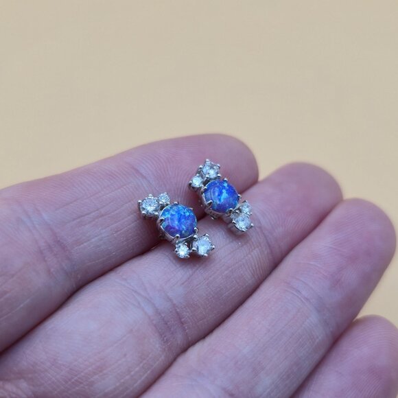 Sterling Silver Round Blue Opal And CZ Stud Earrings A5385 - Picture 3 of 8